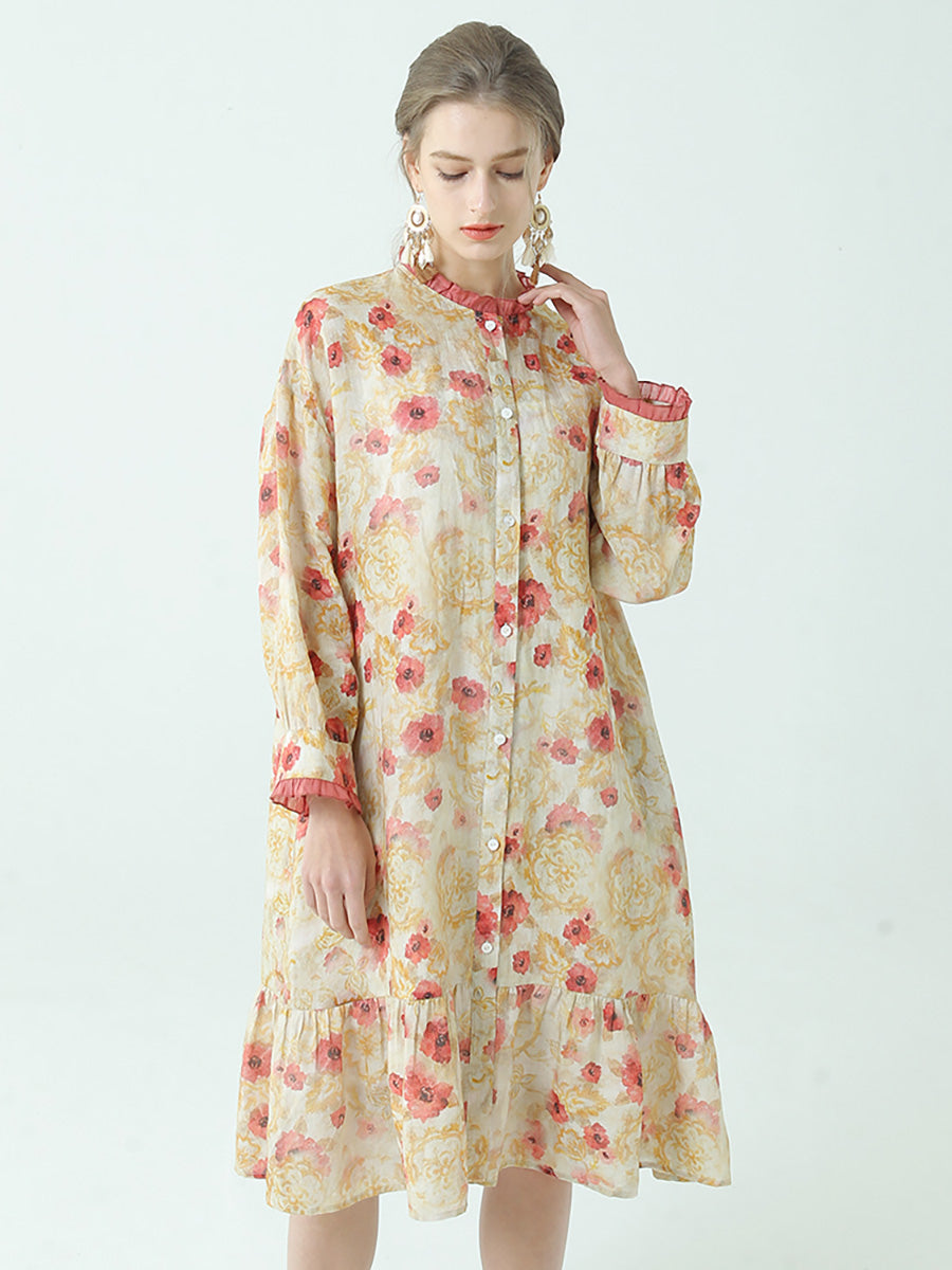 Ramie Tencel Summer Pleated Long Sleeve Loose Dress