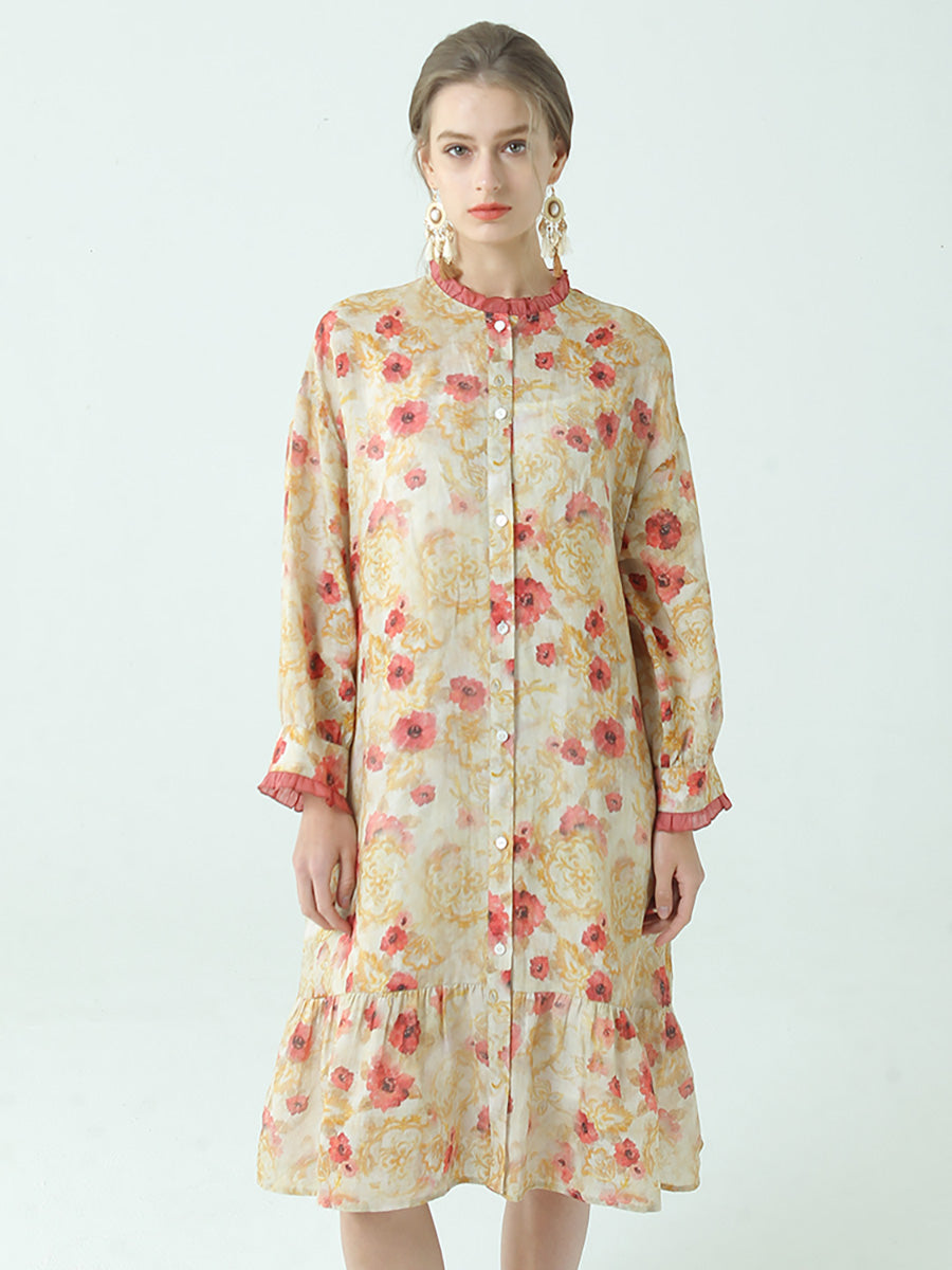 Ramie Tencel Summer Pleated Long Sleeve Loose Dress
