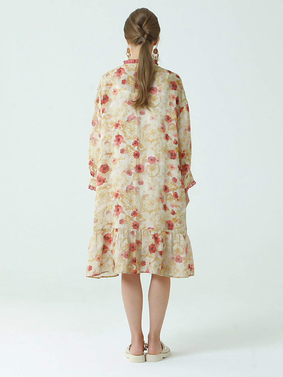 Ramie Tencel Summer Pleated Long Sleeve Loose Dress