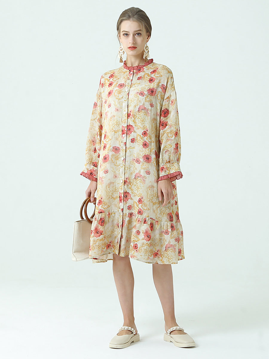 Ramie Tencel Summer Pleated Long Sleeve Loose Dress