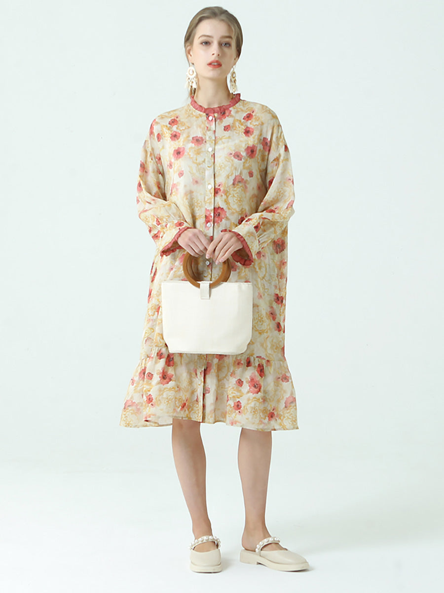 Ramie Tencel Summer Pleated Long Sleeve Loose Dress