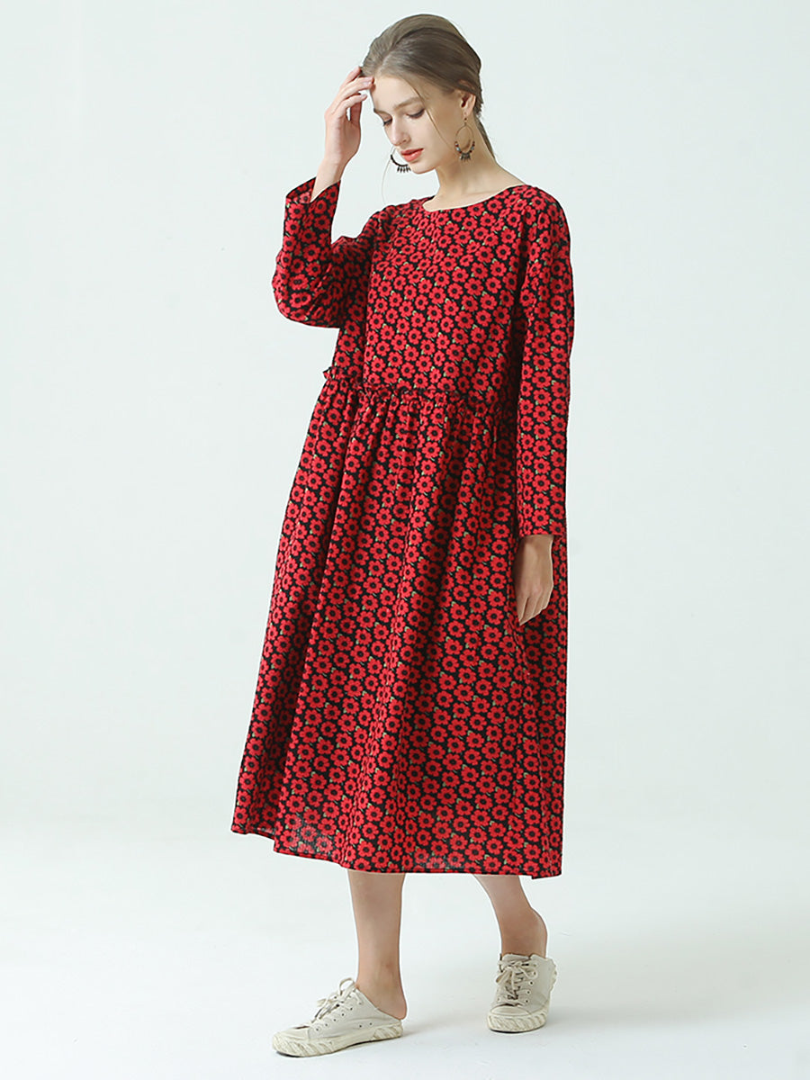 Pleated Floral Prints Cotton Spring Loose Dress
