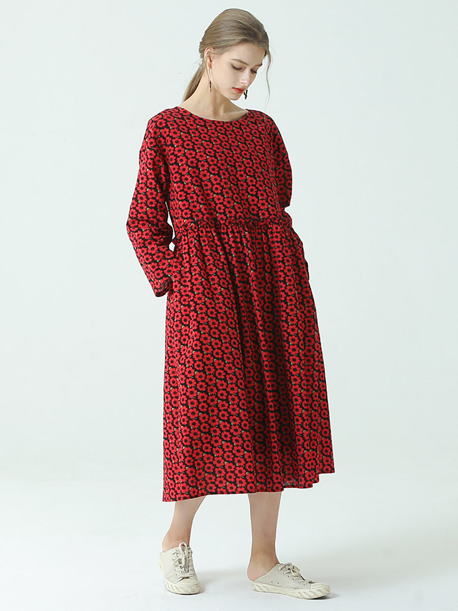 Pleated Floral Prints Cotton Spring Loose Dress
