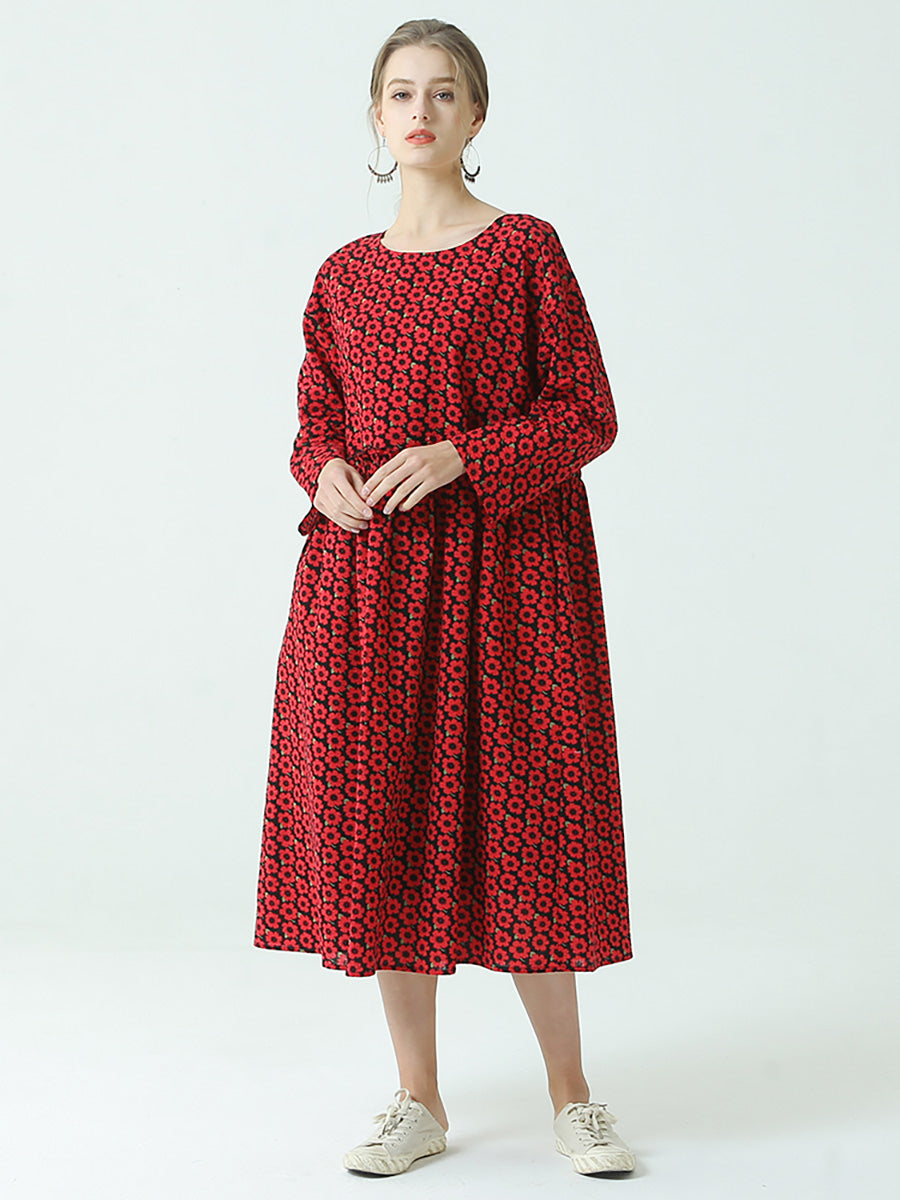 Pleated Floral Prints Cotton Spring Loose Dress