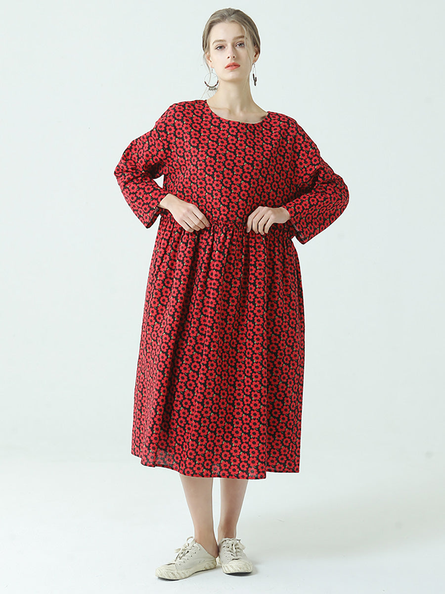 Pleated Floral Prints Cotton Spring Loose Dress