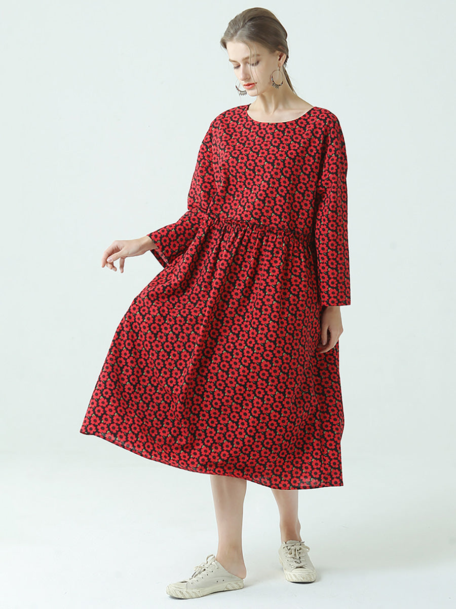 Pleated Floral Prints Cotton Spring Loose Dress