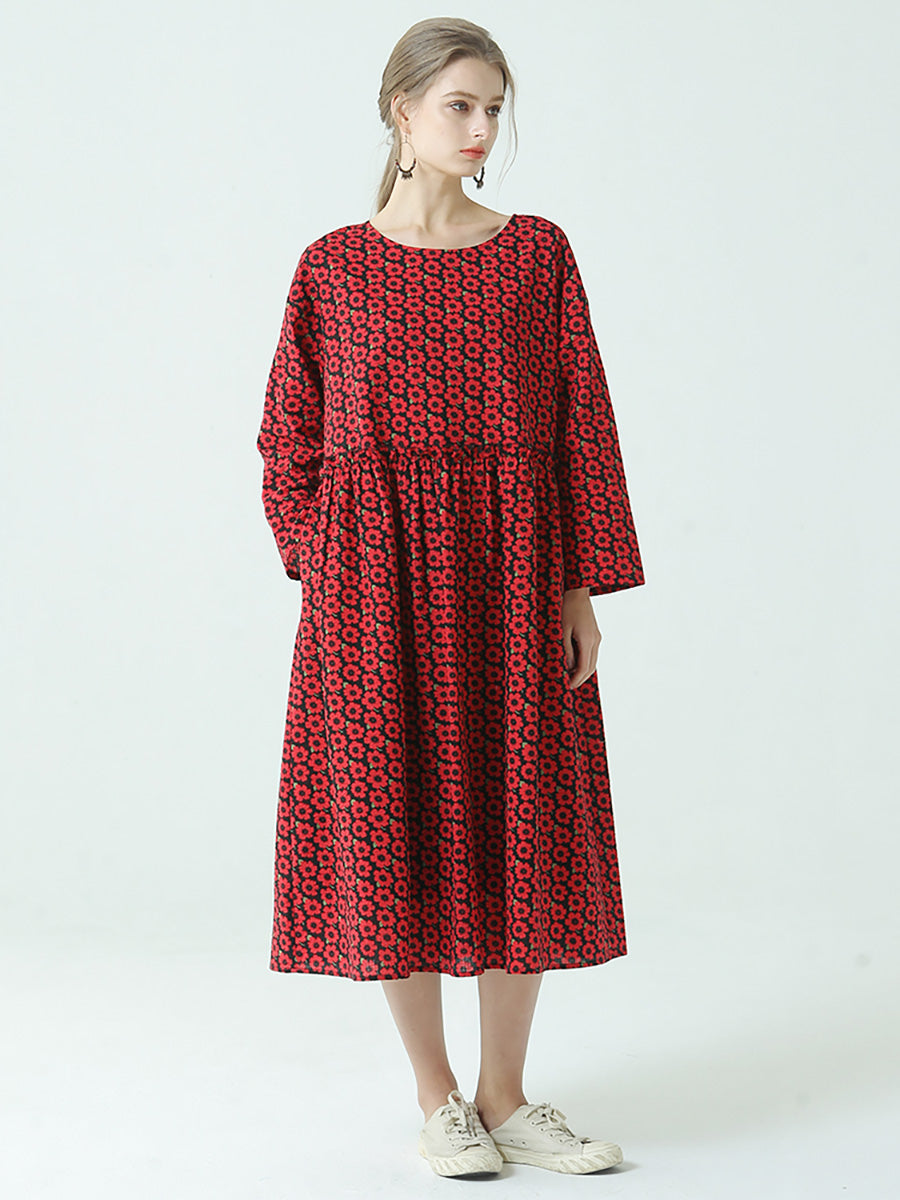 Pleated Floral Prints Cotton Spring Loose Dress