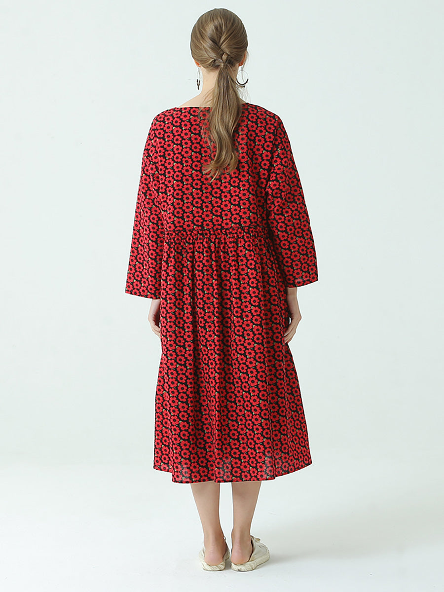 Pleated Floral Prints Cotton Spring Loose Dress