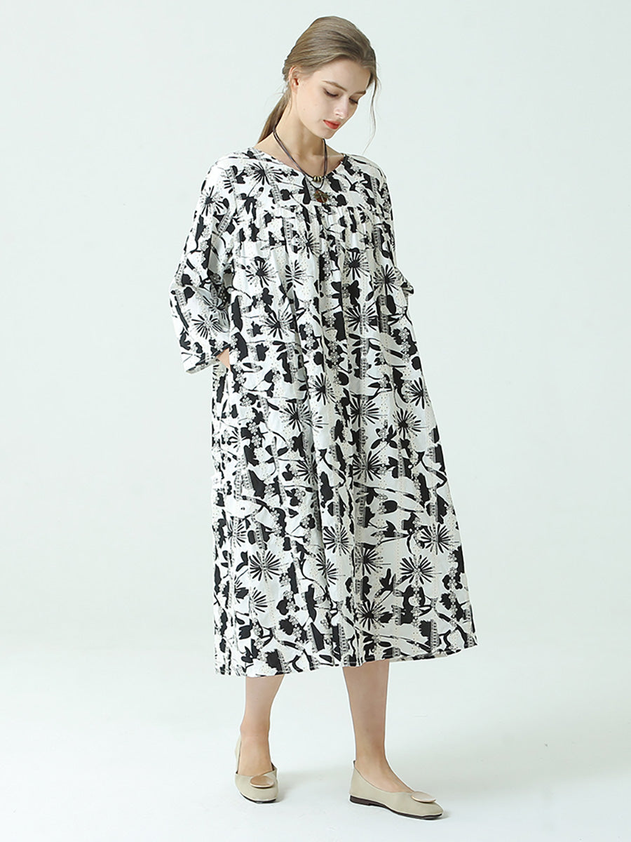 Robe plissée à manches longues et col rond avec imprimé floral