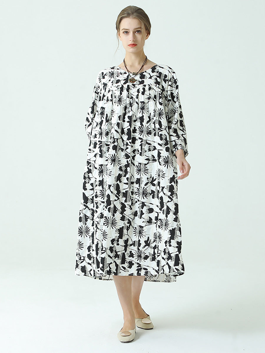 Robe plissée à manches longues et col rond avec imprimé floral
