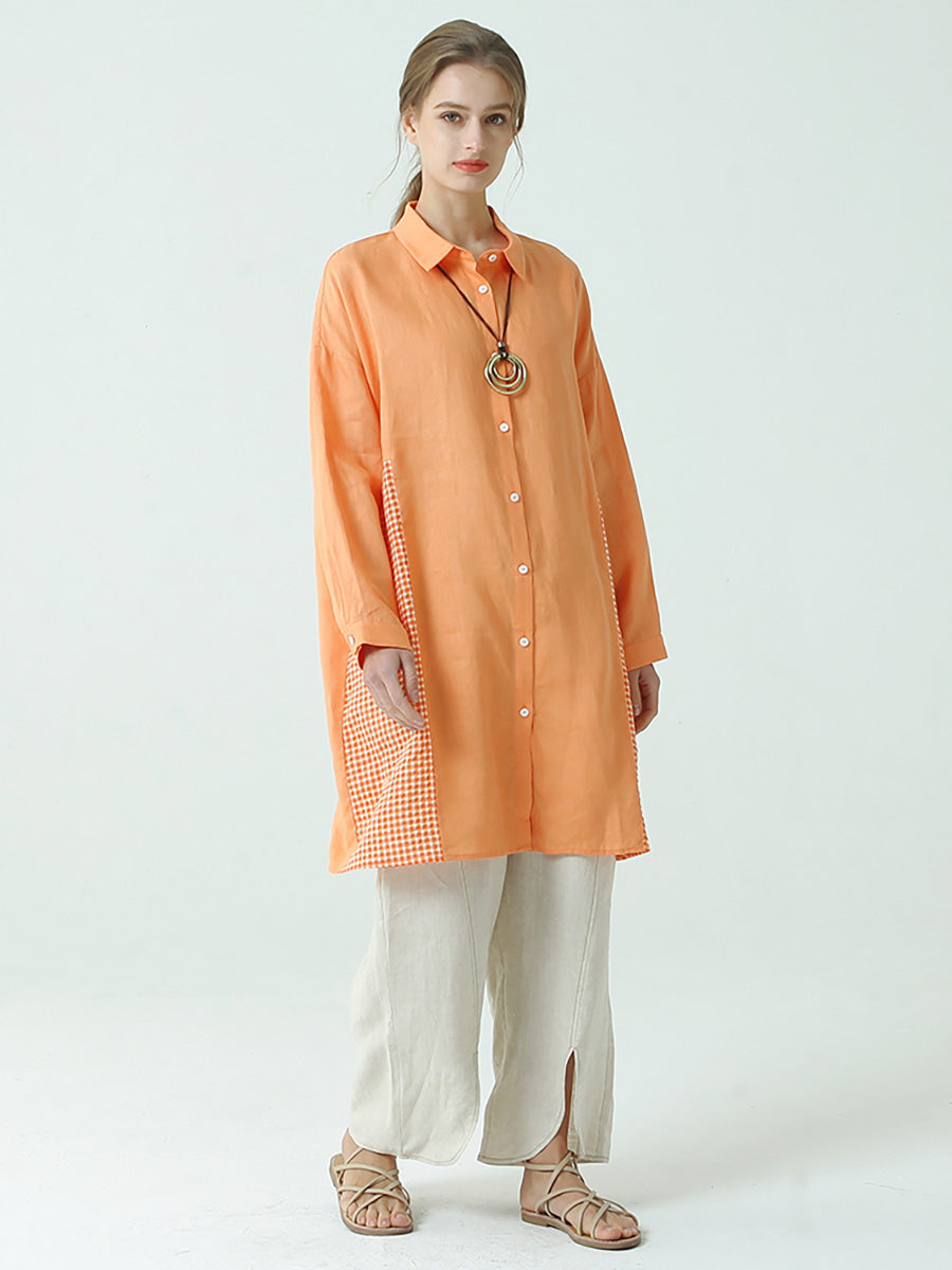 Camicia a maniche lunghe in lino patchwork a quadri da donna