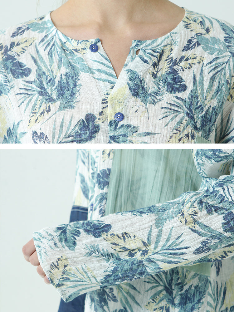 Maglietta larga da donna in lino con stampe e patchwork