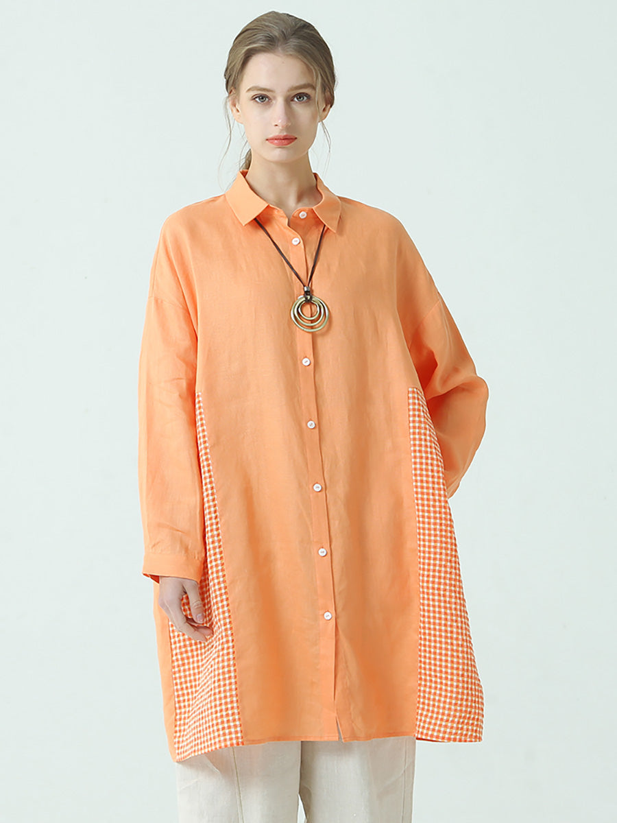 Camicia a maniche lunghe in lino patchwork a quadri da donna