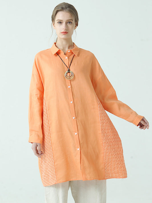 Camicia a maniche lunghe in lino patchwork a quadri da donna
