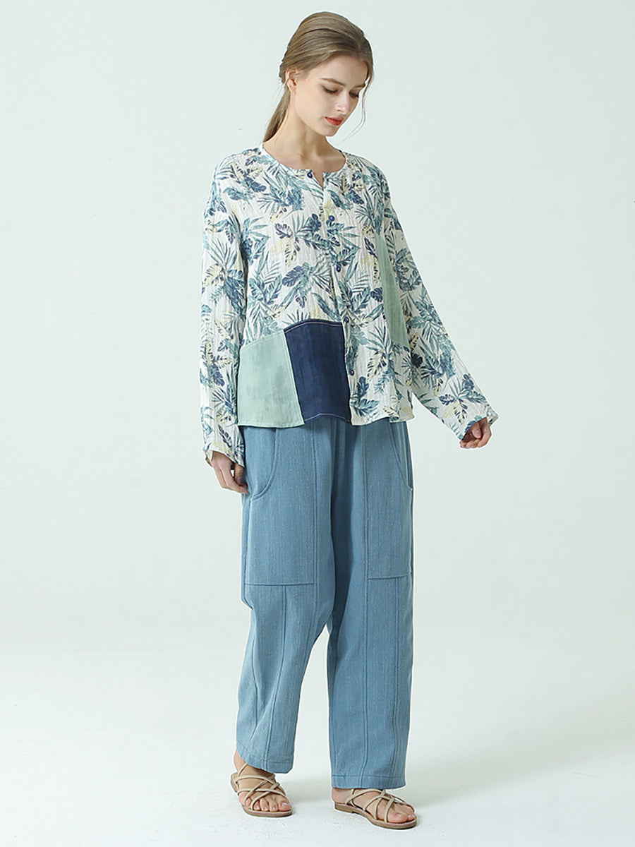 Maglietta larga da donna in lino con stampe e patchwork