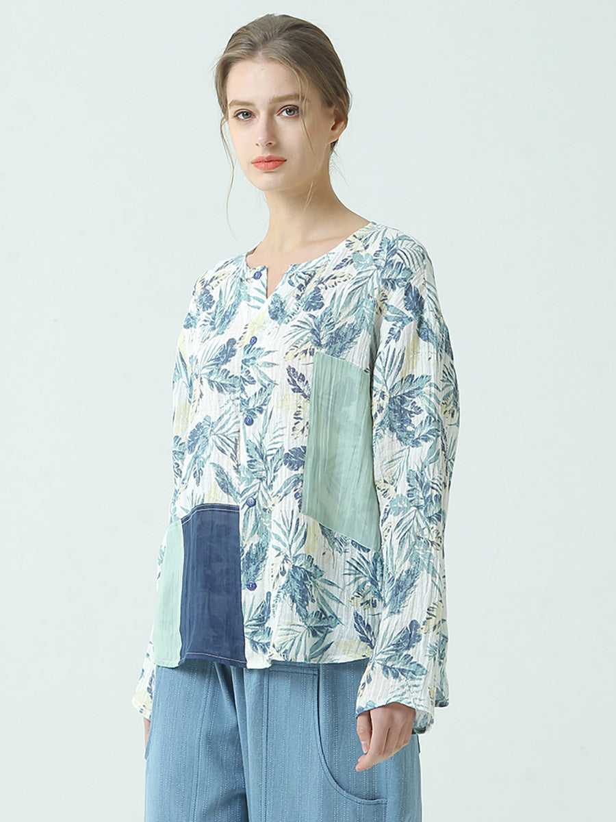 Maglietta larga da donna in lino con stampe e patchwork