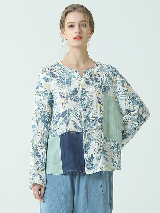 Maglietta larga da donna in lino con stampe e patchwork