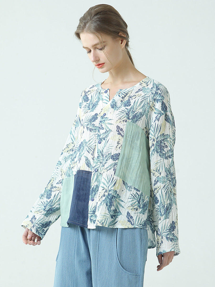 Maglietta larga da donna in lino con stampe e patchwork