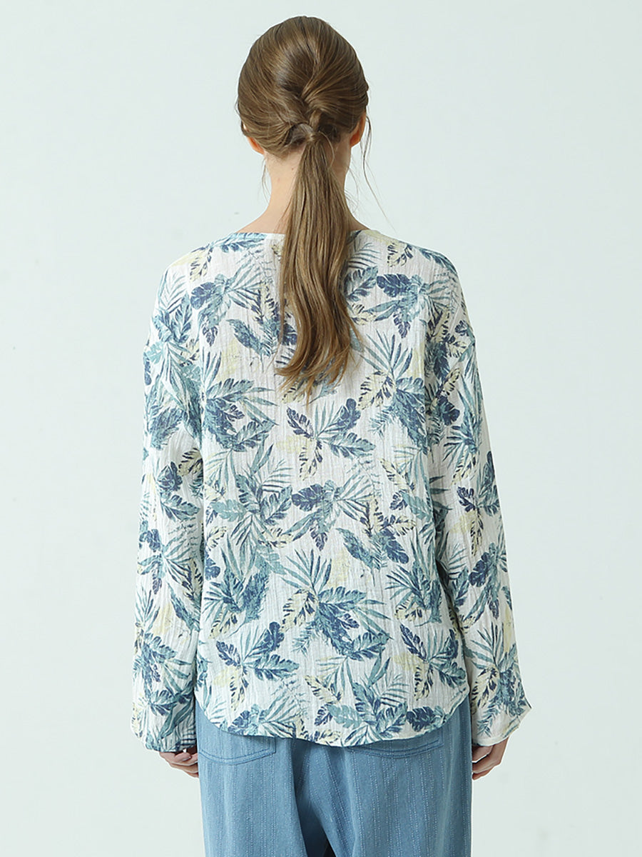 Maglietta larga da donna in lino con stampe e patchwork