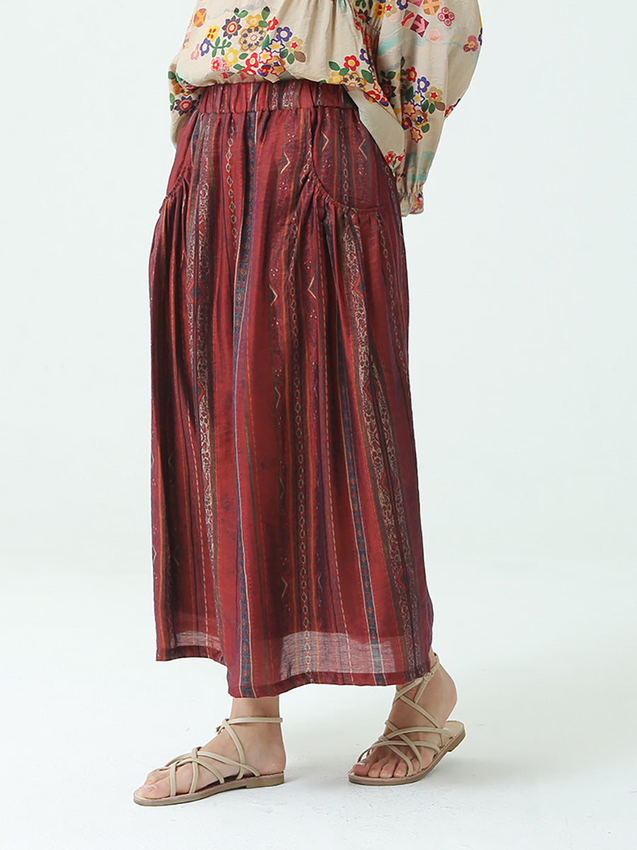 Stripe Tencel Spring Summer Elastic Waist Loose Skirt