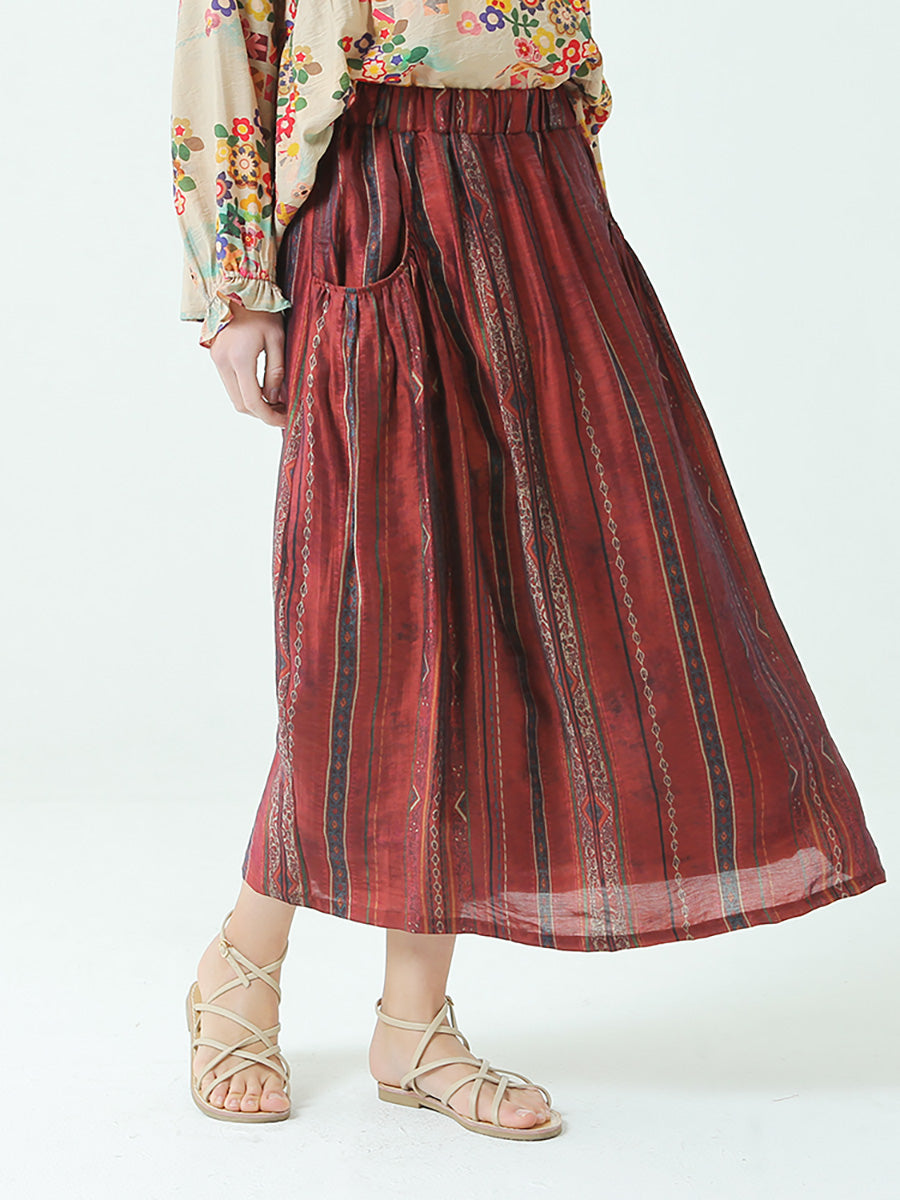 Stripe Tencel Spring Summer Elastic Waist Loose Skirt