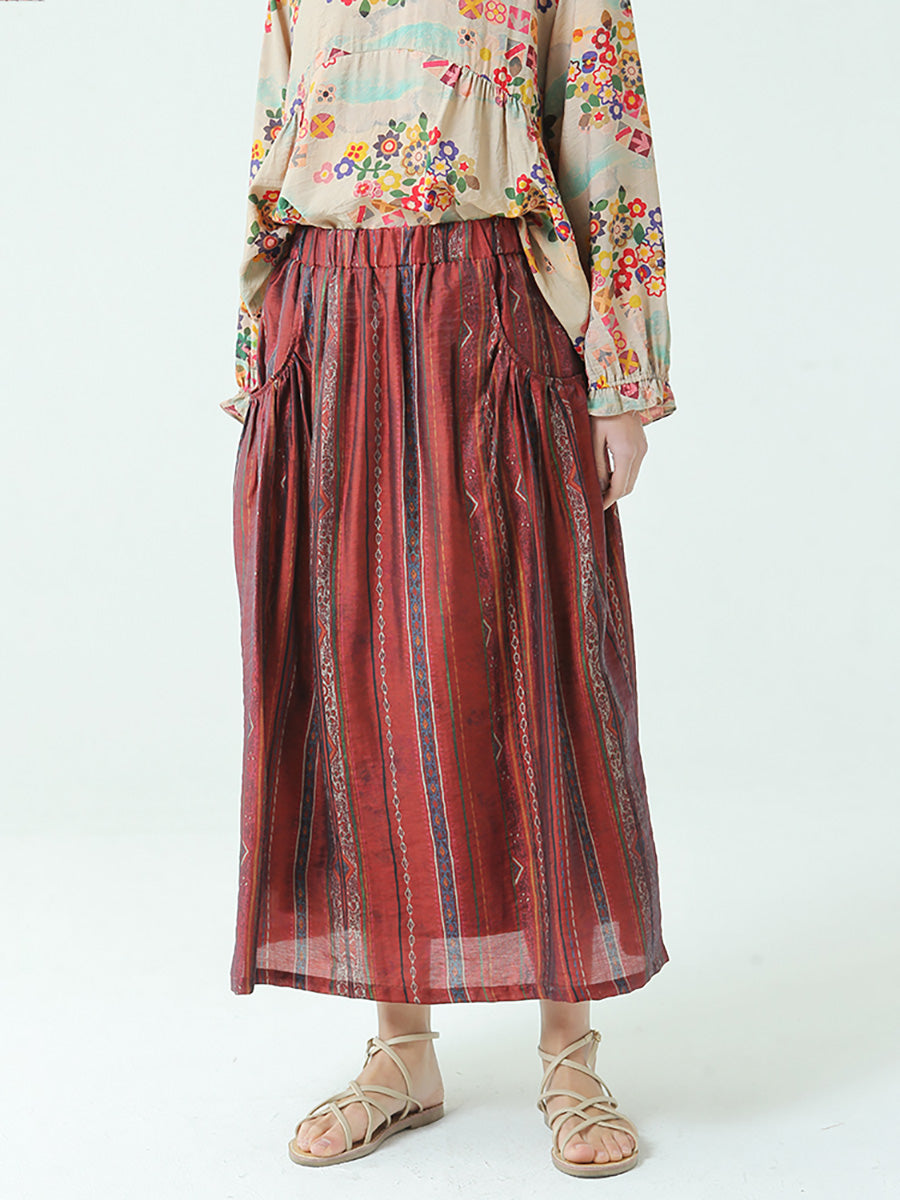 Stripe Tencel Spring Summer Elastic Waist Loose Skirt
