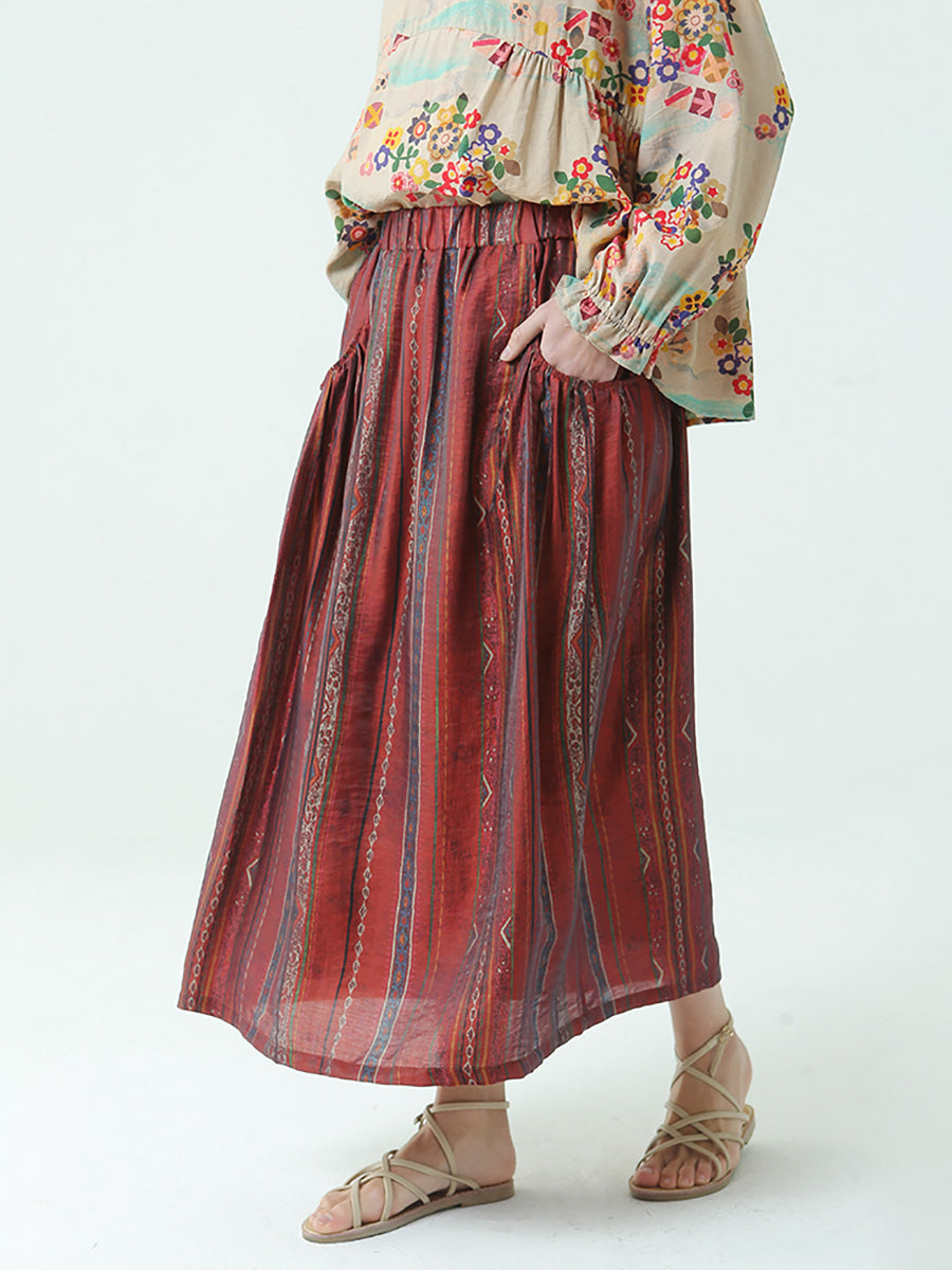 Stripe Tencel Spring Summer Elastic Waist Loose Skirt