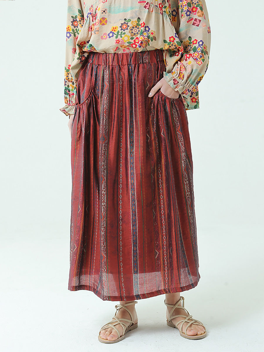Stripe Tencel Spring Summer Elastic Waist Loose Skirt