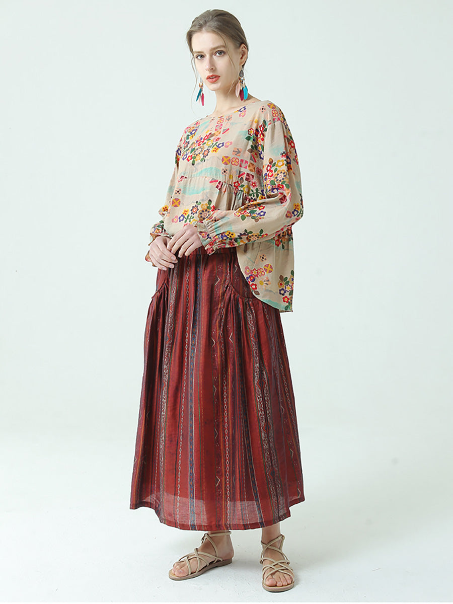 Stripe Tencel Spring Summer Elastic Waist Loose Skirt