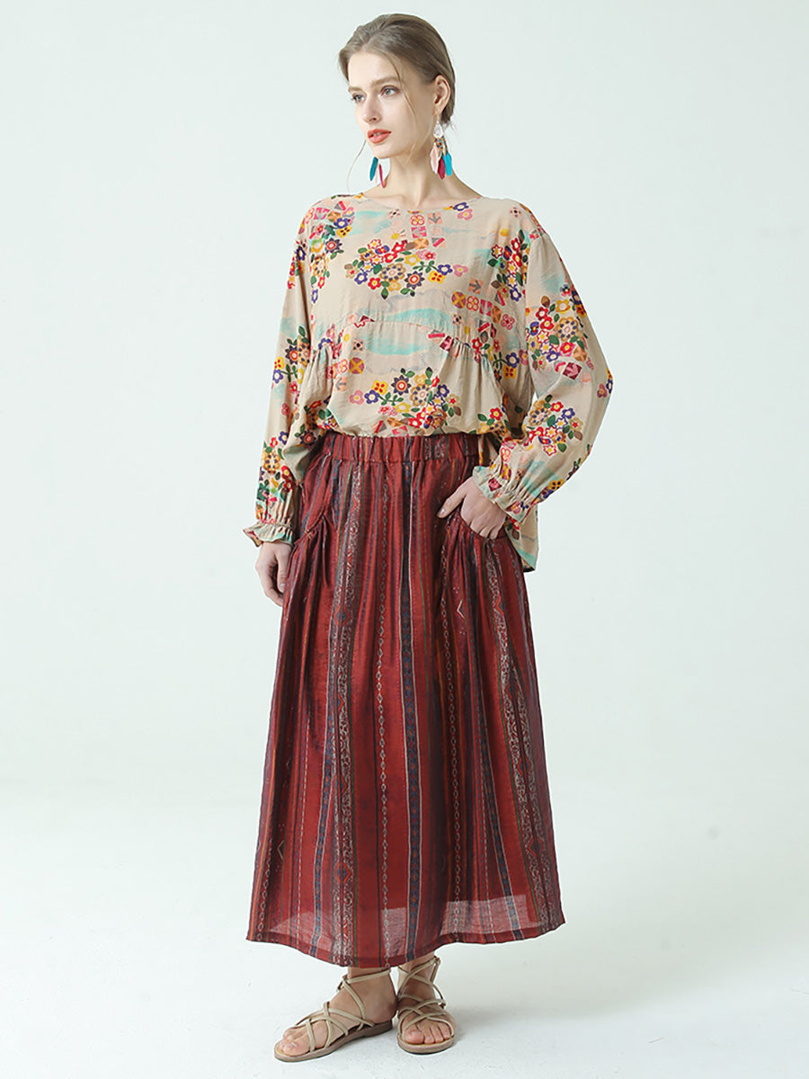 Stripe Tencel Spring Summer Elastic Waist Loose Skirt