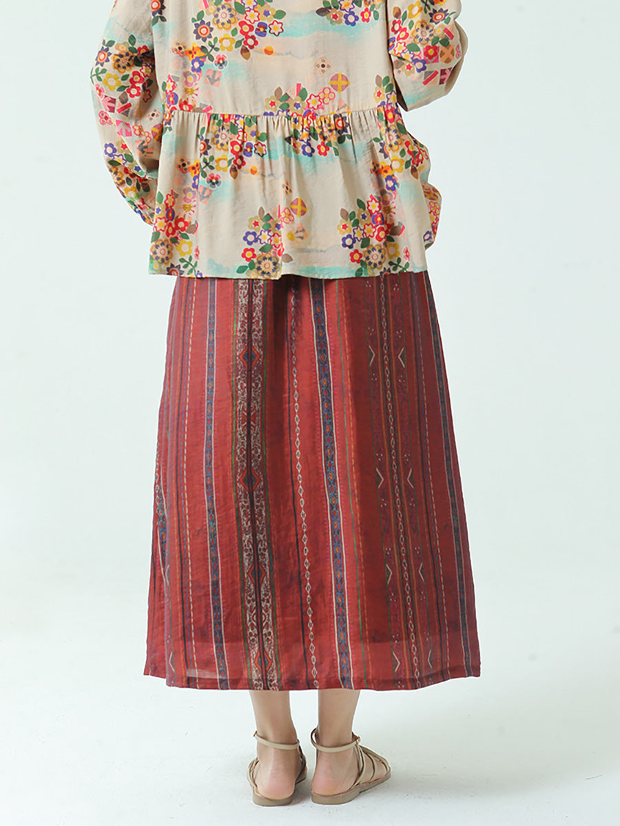 Stripe Tencel Spring Summer Elastic Waist Loose Skirt