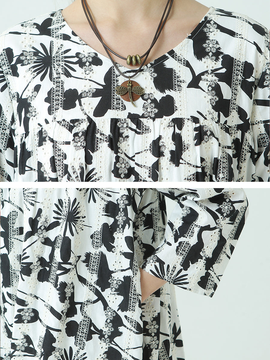Robe plissée à manches longues et col rond avec imprimé floral