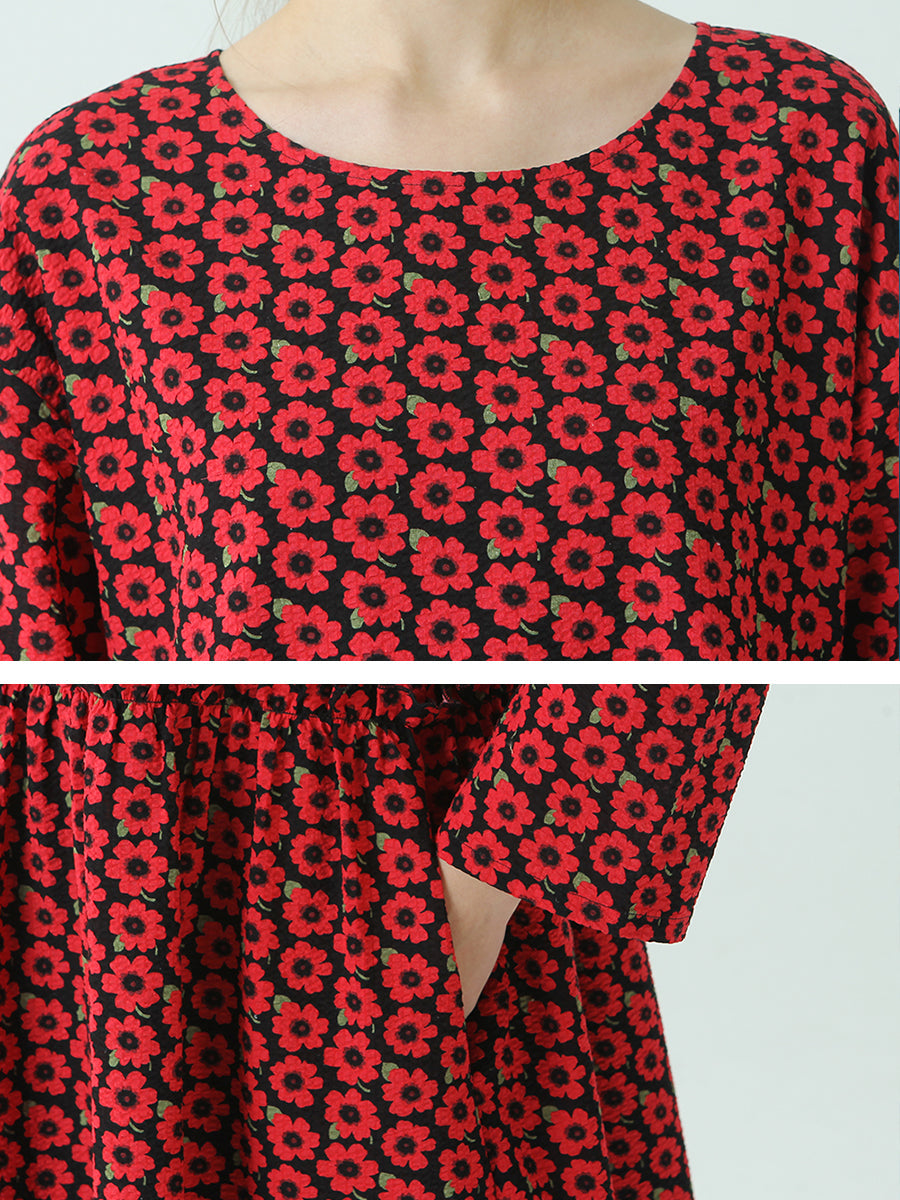 Pleated Floral Prints Cotton Spring Loose Dress