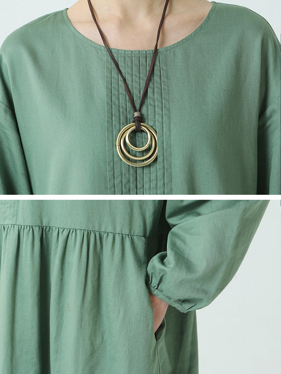 Robe plissée à manches longues en lin et coton pour le printemps