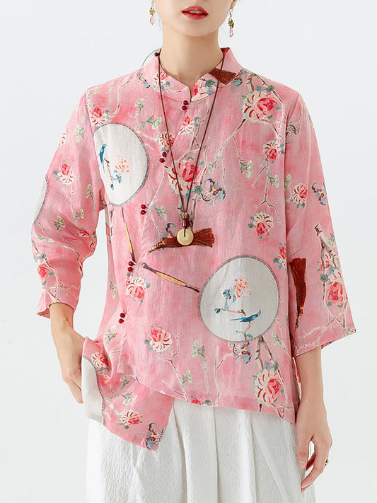 Camicia casual irregolare vintage con stampa floreale in lino