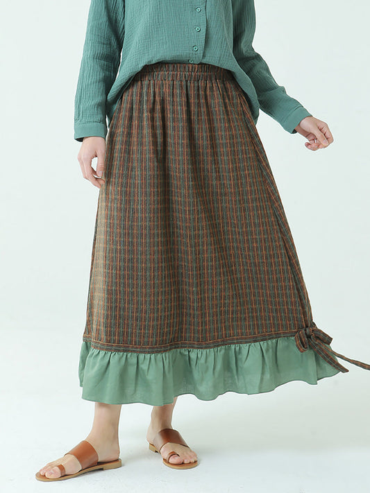 Gonna lunga vintage ampia a quadri con elastico in vita primaverile M2XL