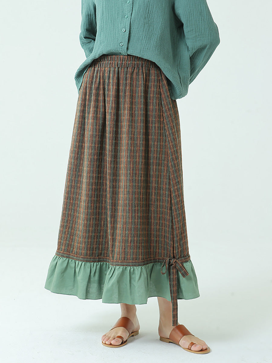 Gonna lunga vintage ampia a quadri con elastico in vita primaverile M2XL