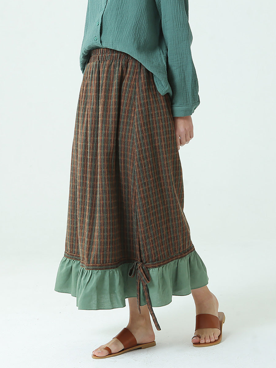 Gonna lunga vintage ampia a quadri con elastico in vita primaverile M2XL