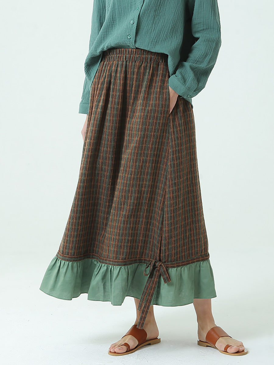 Gonna lunga vintage ampia a quadri con elastico in vita primaverile M2XL