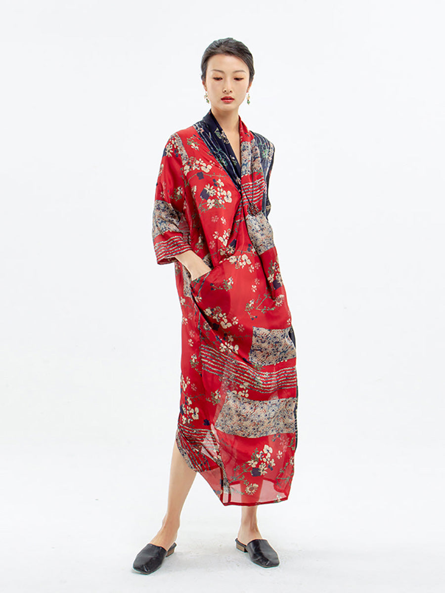 Abito da donna in tencel vintage con stampa floreale intrecciata 