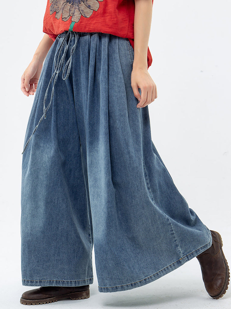 Pantalon large en denim bleu décontracté avec cordon de serrage