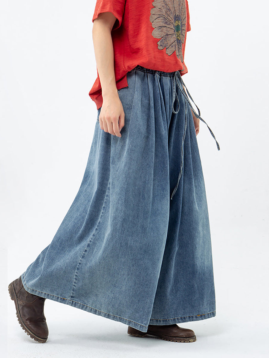 Pantalon large en denim bleu décontracté avec cordon de serrage