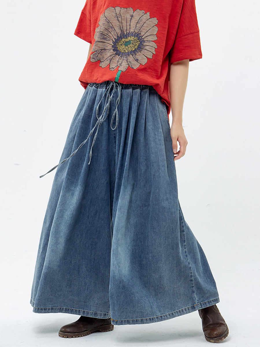 Pantalon large en denim bleu décontracté avec cordon de serrage
