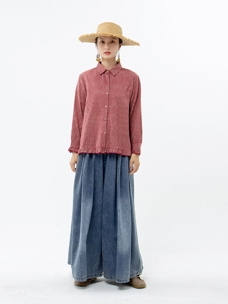 Camicia da donna in lino e cotone a quadri fatta a mano