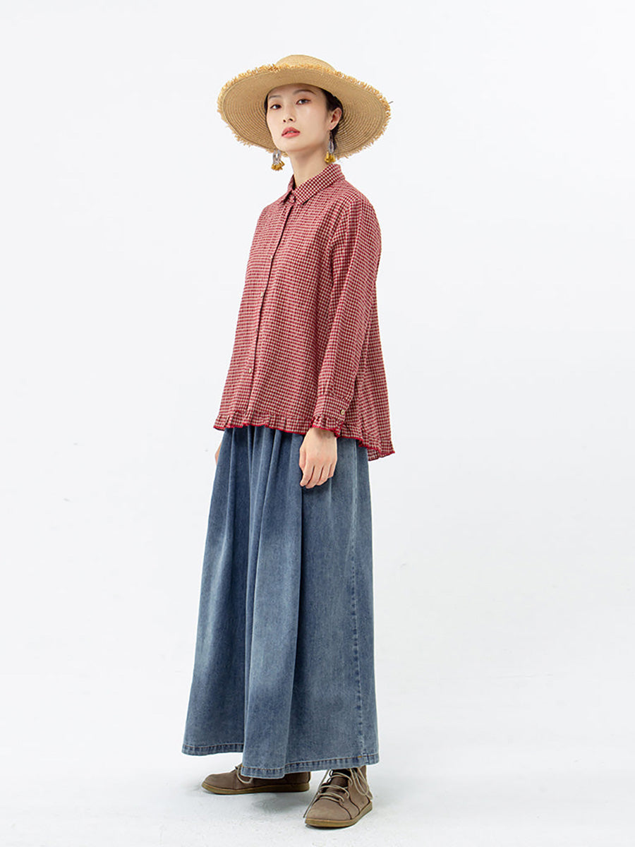 Camicia da donna in lino e cotone a quadri fatta a mano