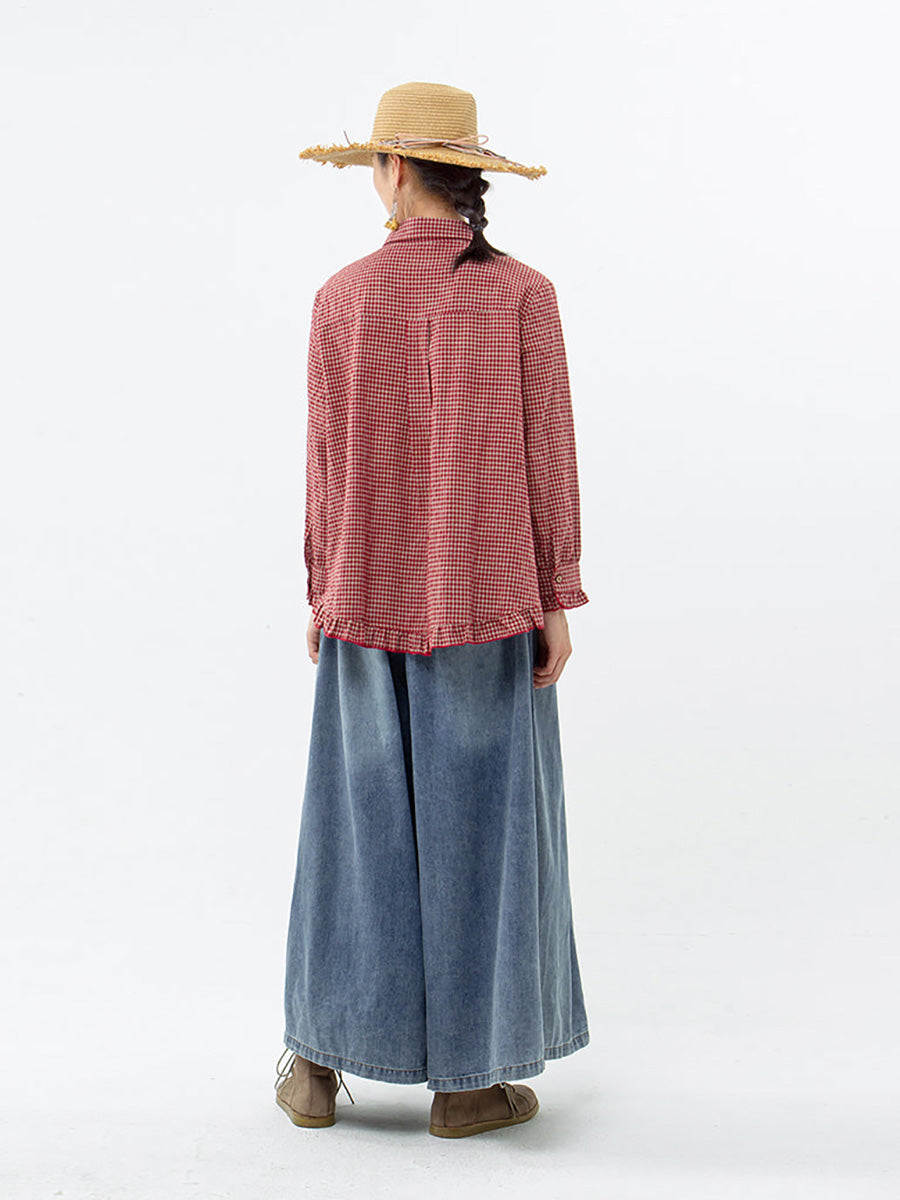 Camicia da donna in lino e cotone a quadri fatta a mano