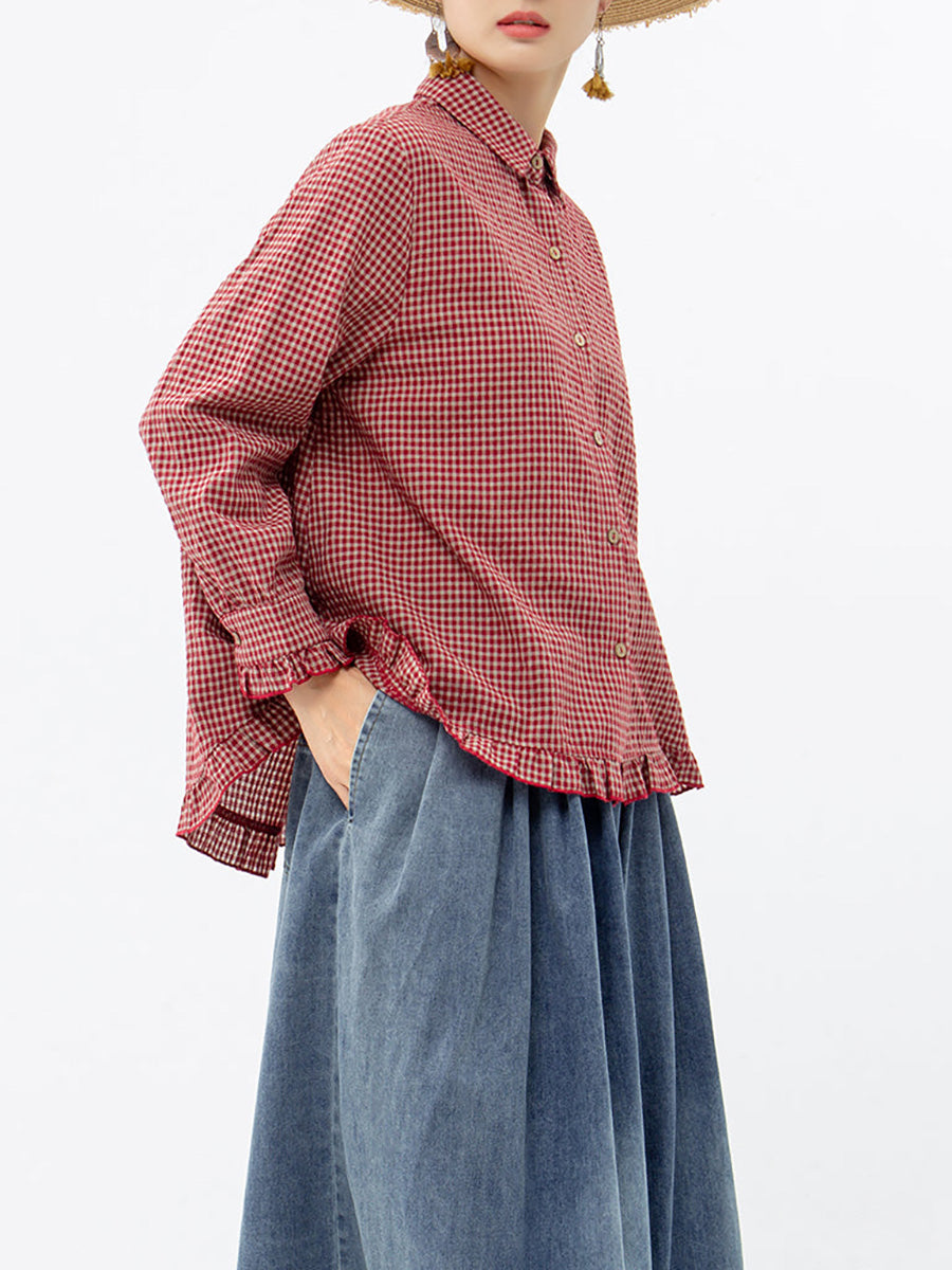 Camicia da donna in lino e cotone a quadri fatta a mano