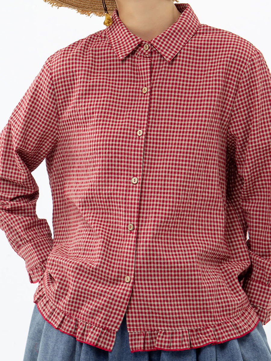 Camicia da donna in lino e cotone a quadri fatta a mano