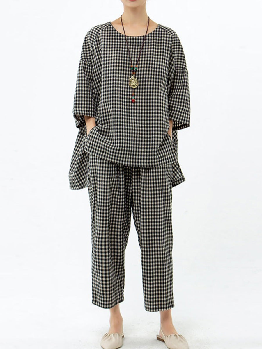 Blusa e pantaloni retrò in cotone e lino a quadri