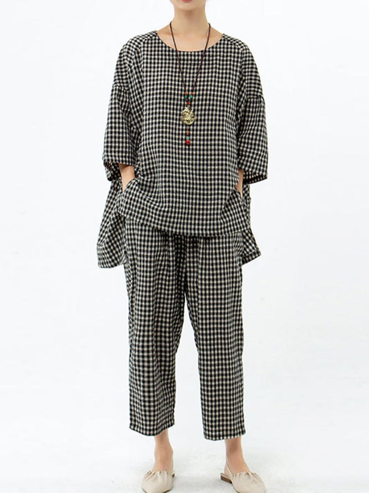 Blusa e pantaloni retrò in cotone e lino a quadri